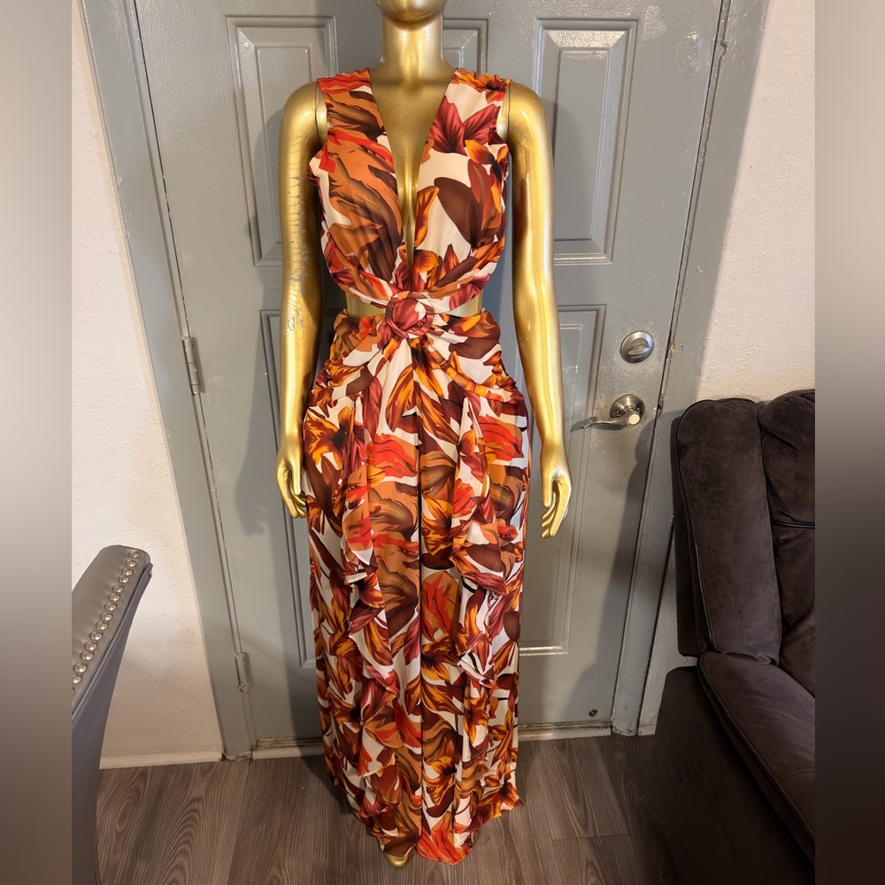 Velvet V-Neck Knot jumpsuit in Autumn Leaf Print